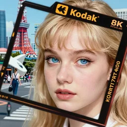 Kodak Portra 400,8K,highly detailed: beautiful three point perspective extreme closeup portrait photo in style of style 1950s frontiers in cosplay art nouveau tokyo seinen manga street photography fashion edition, tilt shift zaha hadid style anime tokyo background, highly detailed, focus on model;vaporwave ;blonde hair;blue eyes;akanbe expression, eye contact, soft lighting
