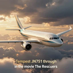“an animation still of a Tempest JN751 flying through the sky in the movie The Rescuers”