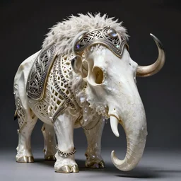a white sepulchre quartz bone celtic latticework exoskeleton in the form of a wooly mammoth skull with war armor, elegant, opulent, luxurious, chain maile, iridescent, diffuse subsurface scattering, specular highlights