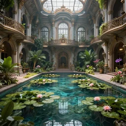 massive courtyard with a crystal clear pond and thousands of water lilies and tropical plants and flowers inside a grand ancient steampunk palace, designed by architect geoffrey bawa, light pouring in through windows, insanely mystical, hyper realistic, extremely detailed, atmospheric, 8 k, octane render, unreal engine