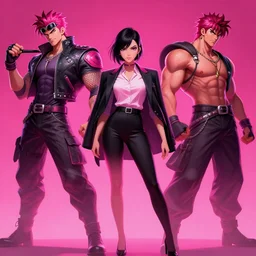 female boss, wide angle view, neon pink and black color scheme, highly detailed, artgerm, cushart krenz, king of fighters style, trending on artstation, soft light, sharp focus, illustration, character design, concept art
