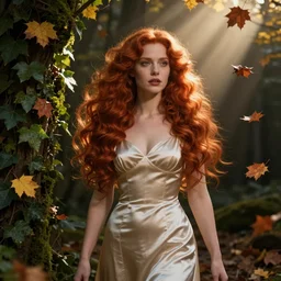 portrait of a red haired woman wearing a satin dress, autumn leaves falling, dramatic volumetric lighting, god rays, global illumination, soft, sharp focus, sci-fi, ivy, moss, trending on artstation, intricate concept art by Greg Rutkowski and artgerm and and Alphonse Mucha