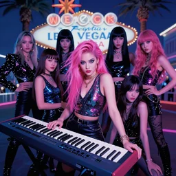 8 0's synthesizer girl band, anton corbijn, pink, blue, purple, posed, album cover, las vegas background, human leaque, vangelis, synthesizer, glitter, atmospheric lighting. highly detailed 8 0's style photo.