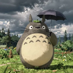 portrait of adorable life size Totoro with umbrella, countryside near forest, calm, fantasy character portrait, dynamic pose, above view, sunny day, thunder clouds in the sky, artwork by Jeremy Lipkin and Giuseppe Dangelico Pino and Michael Garmash and Rob Rey, very coherent asymmetrical artwork, sharp edges, perfect face, simple form, 100mm