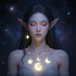 a portrait of a galaxy as an androgynous druid spirit wearing five necklaces of moons and stars, wearing a glowing crown of black holes, stylized face, black eyes and lipstick, draped in transparent cloth, colorful, flat colors, occult, ornate, detailed, bust by alphonse mucha, decorative art nouveau border, astrophotography, vast cosmos, digital illustration, trending on artstation