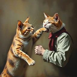 funny museal painting of a cat punching a person,