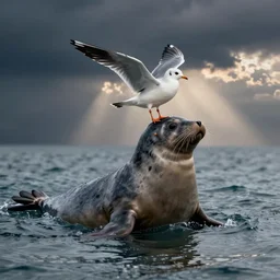 a seal swimming at the surface of water with a seagull standing on its back