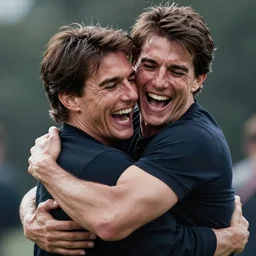 hyper realistic tom cruise hugging tom cruise, hugging tom cruise, all overly excited, jaw unhinged with laughter and smiling, all teeth, kinda disturbing but really funny by greg rutkowski, scott m fischer, artgerm, loish, slight glow, atmospheric, anne stokes, alexandros pyromallis