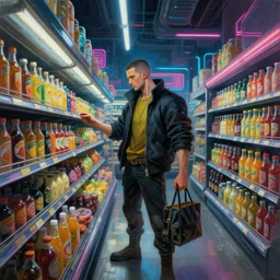 cyberpunk man shopping at a neon soaked grocery store, science fiction painting, elegant intricate digital painting artstation, art by coby whitmore and gil elvgren, detailed