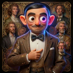 anthropomorphic highly detailed group portrait of funny mr bean neon giant cute eyes hermit, intricate, elegant, highly detailed, digital painting, artstation, concept art, smooth, sharp focus, illustration, art by artgerm, bob eggleton, michael whelan, stephen hickman, richard corben, wayne barlowe, trending on artstation and greg rutkowski and alphonse mucha, 8 k