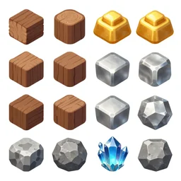 game asset sheet, 2 d sprite, ore chunks, lumber wood, gold chunks, silver, gems, crystals, stone