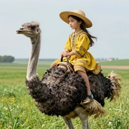 10 yo girl riding ostrich in green fields, straw hat, yellow tunic, intricate, highly detailed, artstation, sharp focus, illustration, jurgens, aleksi briclot, rutkowski, mucha