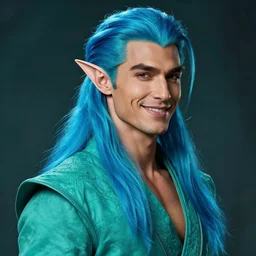 a portrait of a turquois sea elf. buff, elegant, chiseled jaw, smiling, beautiful man, long blue hair on top, short hair on sides, style by donato giancola, wayne reynolds, jeff easley dramatic light, high detail, cinematic lighting, artstation, dungeons and dragons