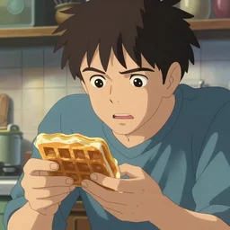 twin peaks poster by michael whelan and tomer hanuka, close up portrait of man in a kitchen looking at a waffle, confused, angry, full of details, by makoto shinkai and thomas kinkade, matte painting, trending on artstation and unreal engine