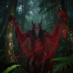 elder demons from the abyss in a misty tropical forest, red webs and fungus, trail camera footage night