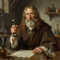 a super detailed illustration portrait painting of a alchemist in medieval lab setting, dnd portrait, hires, 4 k, art by tim hildebrandt, gerald brom, frank frazetta