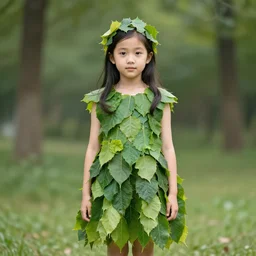 a portrait of a girl wearing a dress made up of leaves