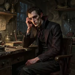 detailed photorealistic matte painting night portrait of single neurotic british man thin face confidant vampire in a dusty underground workshop cluttered with paraphernalia scattered books atmospheric hdr vivid color octane render unreal engine subsurface scattering greg rutkowski artstation