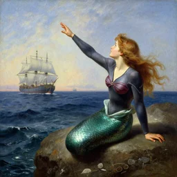 a mermaid siren princess dressed in a wetsuit calling out towards sailors on a distant ship. Masterpiece. By Ruan Jia and Ilya Repin and JC Leyendecker