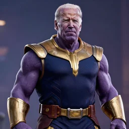 Joe Biden cast as Thanos, still from marvel movie, hyperrealistic, 8k, Octane Render,