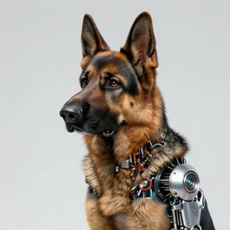 studio portrait of furry anthro anthropomorphic german shepard head animal person fursona exposed machinery extremely detailed robot android body digital art by Greg Rutkowski, Simon Stalenhag, trending on Artstation, CGSociety