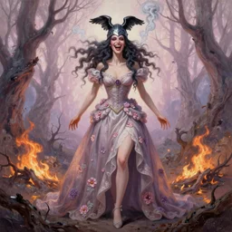 full body shot, malevolent witch facing front laughing maniacally, smoke hair, crow helmet, floral dress, dead forest on fire, fantasy, intricate, photorealistic, elegant, stylish, highly detailed, smooth, sharp focus, oil painting by magali villeneuve, videogame cover art, pastel colors