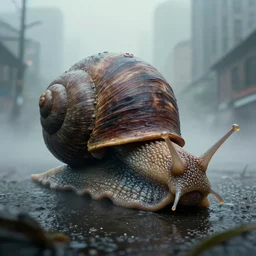 photo of a giant snail terrorizes a foggy city. fantasy horror style. highly detailed 8 k. intricate. nikon d 8 5 0 3 0 0 mm. award winning photography.
