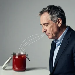 Malcolm Gladwell sniffing from a jar with smell lines coming from it