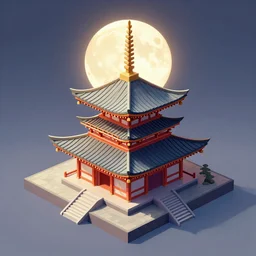 geometric design isometric japanese temple with full blood-moon behind the top, trending on artstation, 3D render, monument valley
