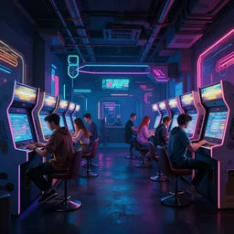 photo environement cyberpunk arcade hall : 4, 4 k rtx hdr volume light concept studio matte painting environement digital illustration style cyberpunk 2 0 7 7 artstation artur tarnowski, mihai muscan, marcin tomalak, marta leydy, marcin stepien, charlotte hughes, zuzanna dabrowa neon bioluminiscence