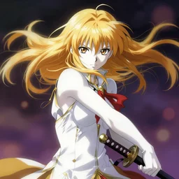 art anime brave elf girl with white skin, katana in hand, golden hair blowing the wind, trending artistic art, dynamic photography, fate zero, realistic face, extremely high detailed, bokeh color background, studio ghibly makoto shinkai yuji yamaguchi, wlop