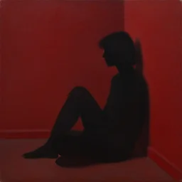 silhouette of a person sitting in the corner of a dark crimson room, matte painting, oil on canvas