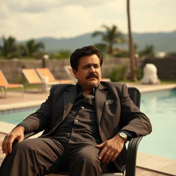 film still of viktor orban playing pablo escobar, sitting in a chair next to a pool, 8 0's columbia, a scene from tv series narcos narcos narcos, hd, 4 k