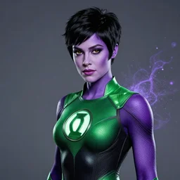 photos of beautiful actress Ella Purnell dressed as the Green Lantern Soranik Natu, Photogenic, purple skin, short black pixie like hair, particle effects, photography, studio lighting, in the style of Annie Leibovitz