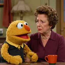 photograph of My mom, as a muppet looking, very disappointed in me, as a muppet (1983)