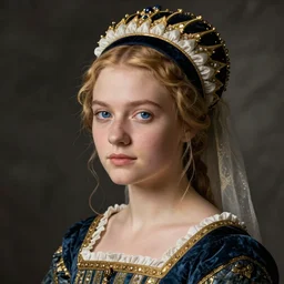 portrait of young woman in renaissance dress and renaissance headdress, blue eyes and blond hair, style by the sarah moon