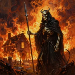 a cloaked skeleton demon holding a spear watching a house on fire, firestorm, highly detailed digital art, oil on canvas, trending on Artstation, award-winning