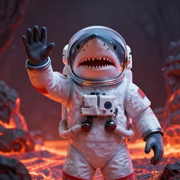 a landshark in an astronaut suit, shark head, no helmet, waving hand, unreal engine, lava glowing,