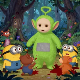 Movie frame from the coloured Disney animated motion picture released in 1937, Wimmelbild, a giant Teletubbies is murdering everyone with blood everywhere, beautiful enchanted forest full of critters, directed by Walt Disney,  highly detailed background paintings by Thomas Kinkade, Minions digimon