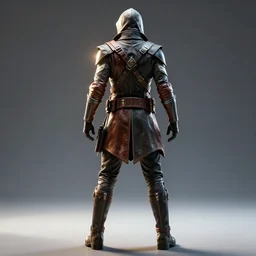 modern warrior with leather details with his back to the viewer, futuristic outfit, futuristic assassin's creed style, back light, full body view, 8 k, 3 d render, cinematic lighting