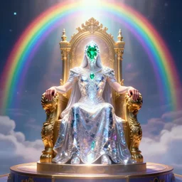 a throne in heaven. On the throne sat someone who shone like a diamond or a ruby. Around the throne, a rainbow shone like an emerald. ,digital Art, hiperrealist Detailed, cinematographic, artstation Greg rutkowski