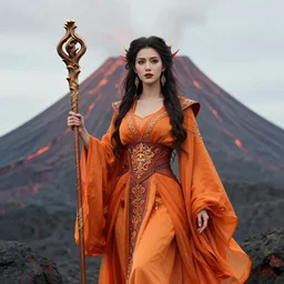 professional photograph of a real-life beautiful elemental volcano witch with ornate orange robes and staff.  Extremely detailed. 8k