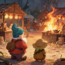 two dwarves and a hobbit sneaking while watching a market burn, dnd, fantasy