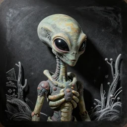 extreme close up iconic alien microcosm, claymation and chalk microscope slide photography