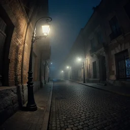 curved perspective, extreme narrow, extreme fisheye, digital art of a night foggy street with curled victorian street lamps over cobblestone floor by anton fadeev from nightmare before christmas