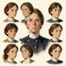 1 8 5 5 british crimean war nurse, character face study, multiple angles, directions and moods. faces only, concept art finely detailed perfect art, painted by greg rutkowski makoto shinkai takashi takeuchi studio ghibli, pinterest, cevagraf comics