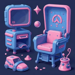 game asset of futuristic military furniture and decoration, in gouache detailed paintings, props, stylized, 2 d sprites, kitbash, arcane, overwatch, blue and pink color scheme, 8 k, close up