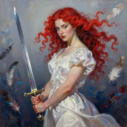 a painting of a woman who made of curly red edges silk is holding a sword, a digital painting by peter mohrbacher, trending on artstation, metaphysical painting, speedpainting, made of feathers, digital painting, holographic undertones, highly saturated colors, 4 k, digital art, concept art, trending on artstation