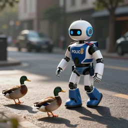 A Helpful Police Robot Assists Ducks Crossing the Street