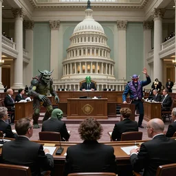 A bunch of monsters in place of congressmen arguing on the floor of the capital 4k surrealism